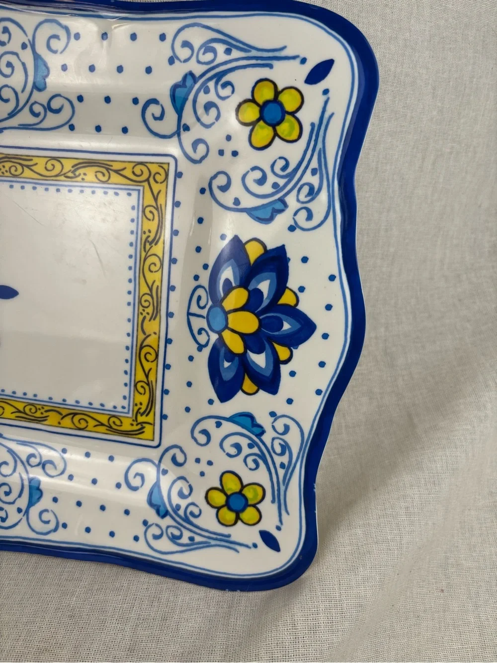 Le Cadeaux Melamine Serving Platter 16” Blue Yellow Floral Rectangular Tray
